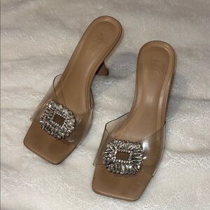 Women's Tan Heeled Sandals with Silver Embellishment